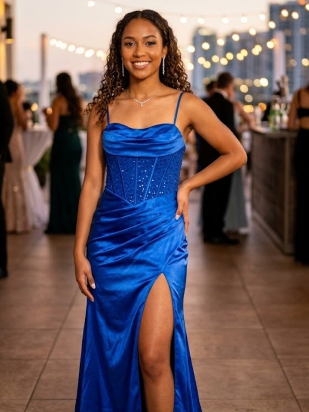 Others Follow Cobalt Blue Satin Prom Dress with Corset Detailing